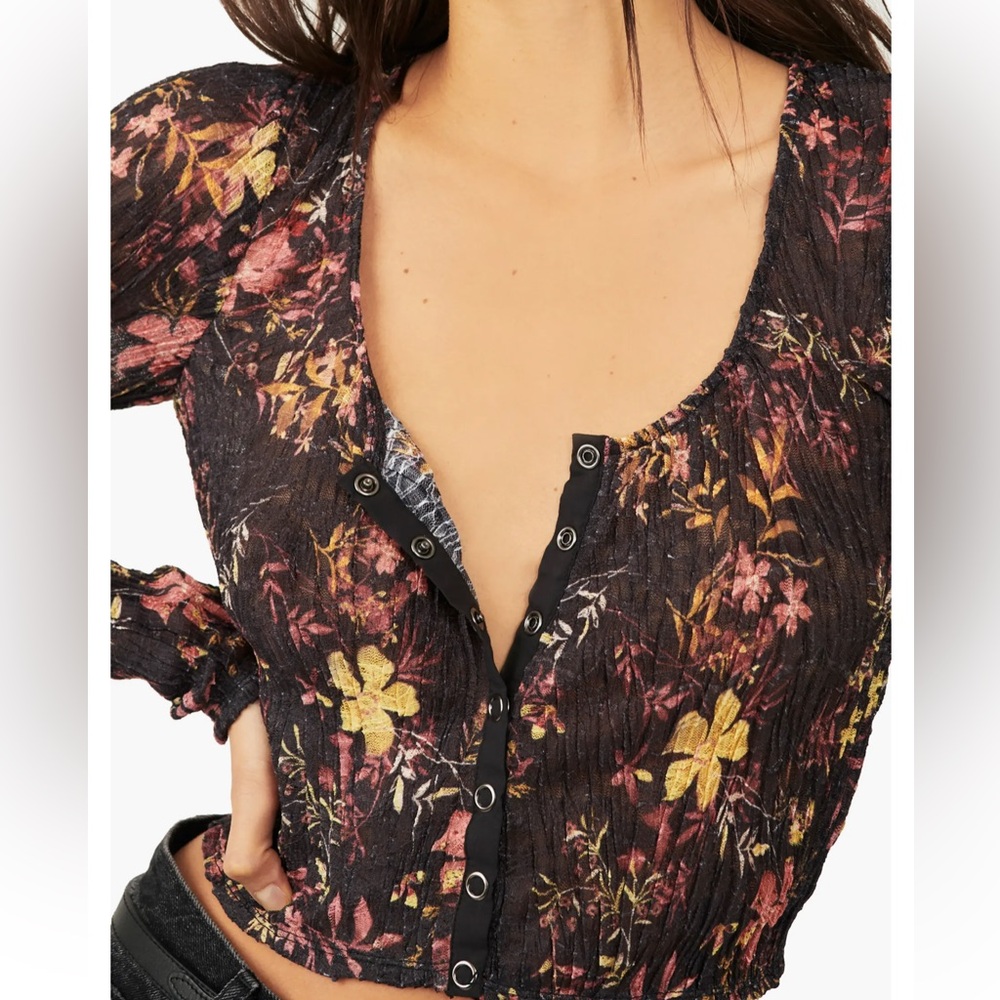 Free People Black Sheer Floral Long-Sleeve Top